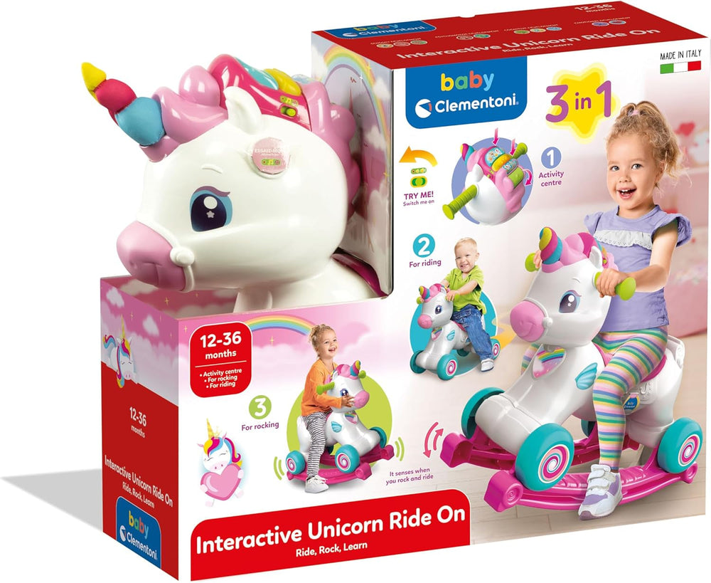 Balançoire licorne Baby Clementoni - Animal à bascule 3 en 1 avec centre d'activités interactif pour les enfants à partir de 12 mois - Jouet sensoriel et moteur 17883 Bebe Toys Naty Shop