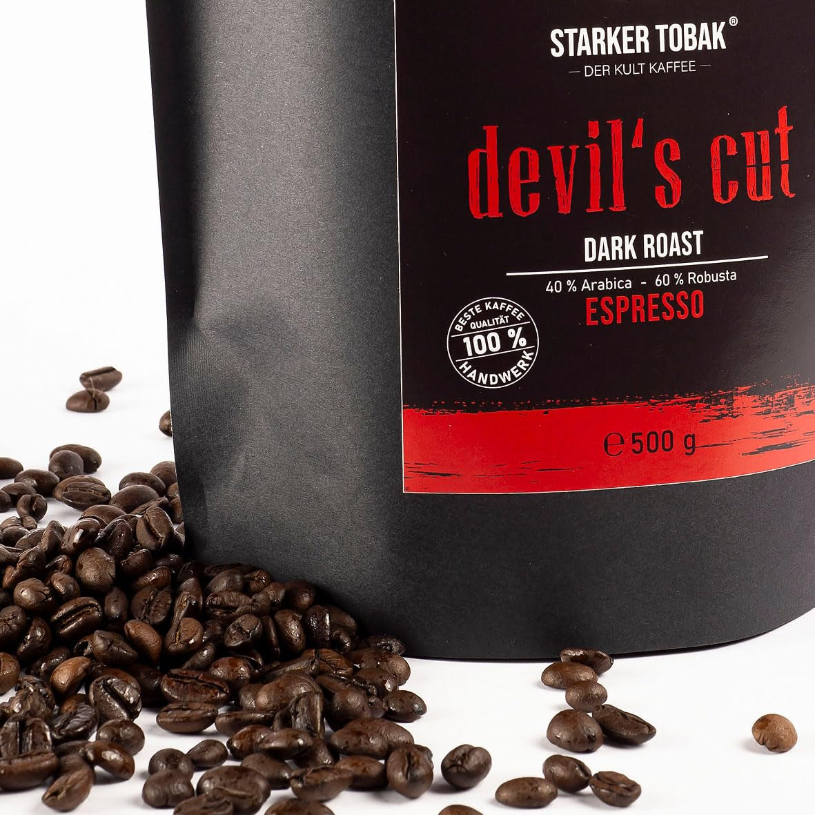 DEVIL'S CUT Espresso intensément torréfié 500g, grains entiers, 40% Arabica - 60% Robusta, fraîchement torréfié à la main, acidité subtile - arôme fort, idéal pour Café Solo, Cortado, Galão, a le goût d'une fête