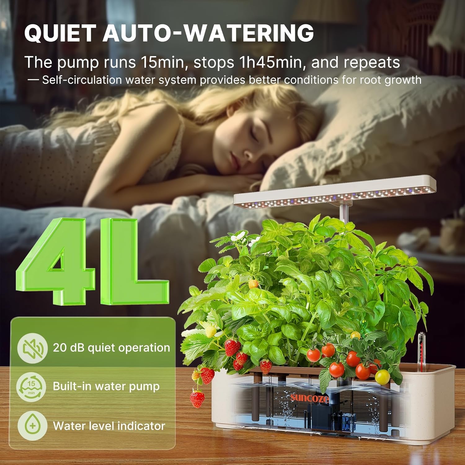 Kit de système de culture hydroponique 12 capsules, lampe de jardin intérieure LED 24 W, réservoir d'eau 4 L avec pompe silencieuse, jardinière d'herbes réglable en hauteur, kit de jardinage intérieur, cadeaux de jardinage, beige