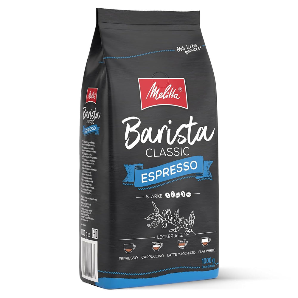 Melitta Barista Classic Espresso, grains de café entiers 1 kg, mouture, café en grains pour machines à expresso automatiques, torréfaction forte, intensité 5 (lot de 2)
