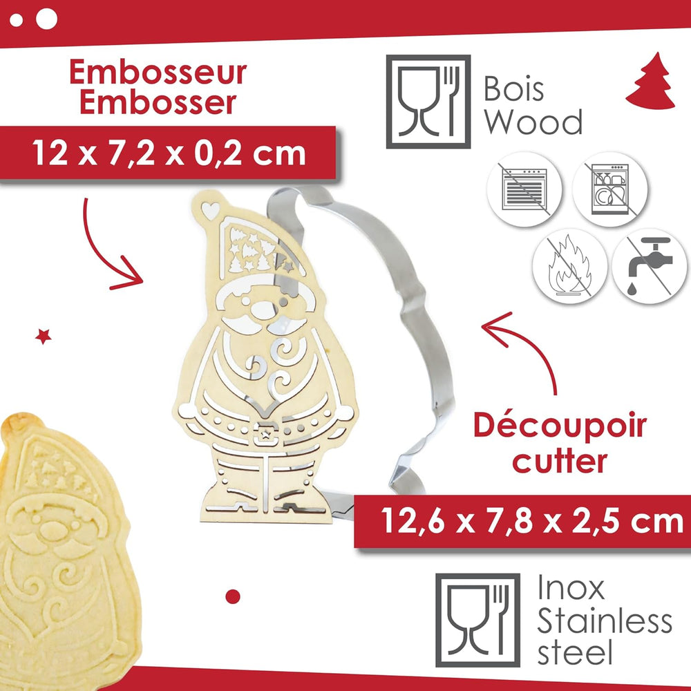 ScrapCooking - Ensemble d'emporte-pièces en bois Père Noël en relief - Emporte-pièce de Noël en acier inoxydable en relief - Accessoires de pâtisserie - Idée cadeau de Noël pour la cuisine - 2079
