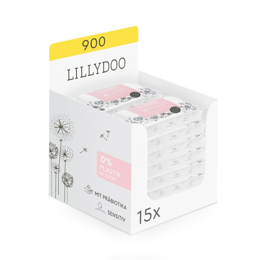 LILLYDOO lingettes humides aux prébiotiques, lingettes 100% sans plastique et sans parfum (FSC Mix) Lingettes humides bébé Naty Shop 15 x 60 lingettes