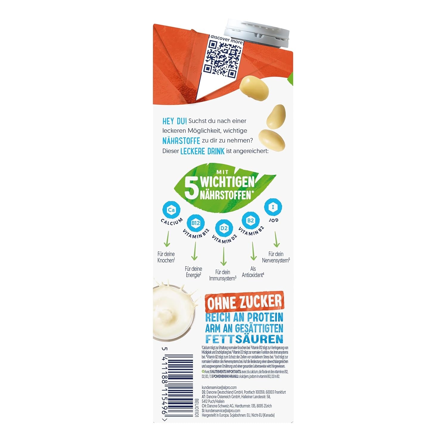 Alpro Sojadrink – Vegan et sans lait – Sans lait et sans lait – Riche en protéines riches en protéines, en calcium et en vitamines – 8 x 1 L – Haltbar