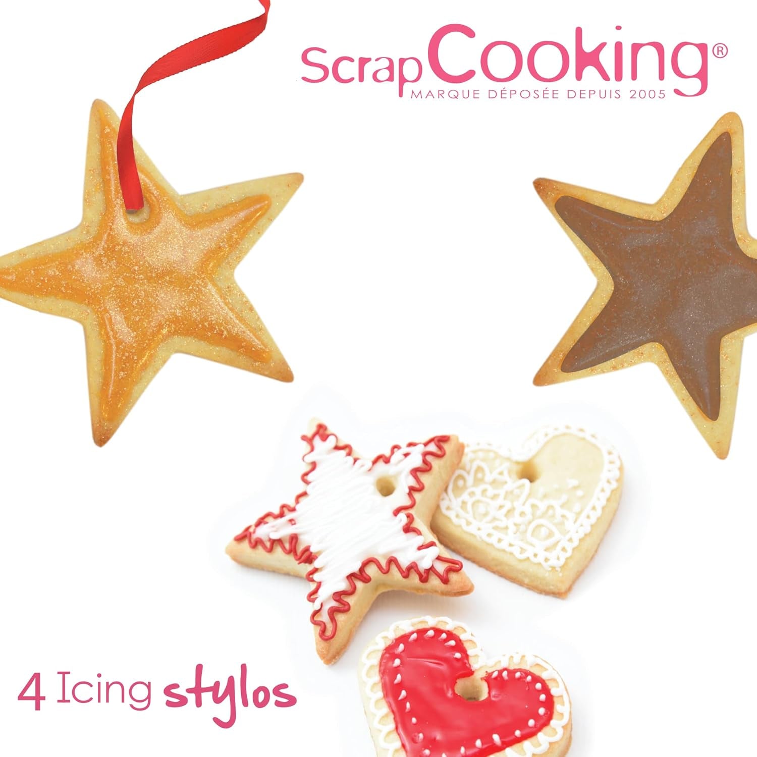 Scrapcooking - Marqueurs 4 pièces : or, chocolat, blanc et rouge - feutres comestibles décoratifs pour écrire et dessiner sur desserts, gâteaux et biscuits