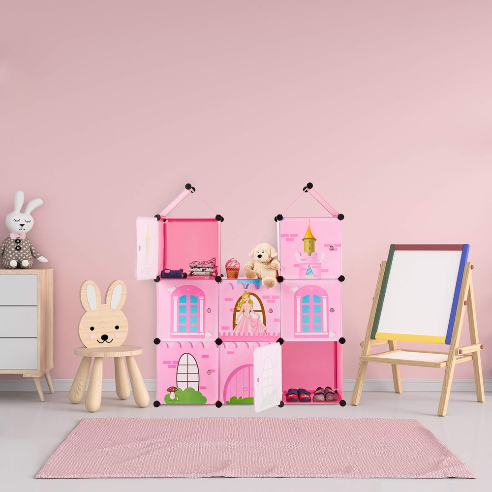 Etagère modulable Relaxdays pour chambre d'enfant, design château de princesse, plastique, meuble DIY avec portes, HL : 128 x 110 x 37 cm, rose