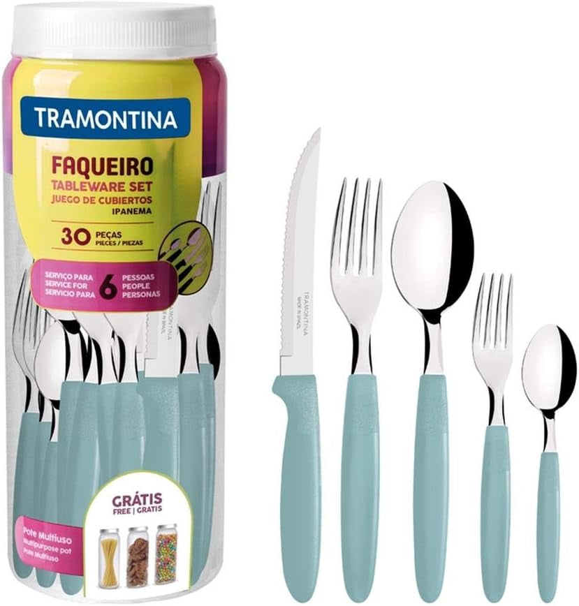Tramontina Ipanema set de couverts pour 6 personnes, set de 30 pièces, acier inoxydable Cuisine Naty Shop Bleu clair