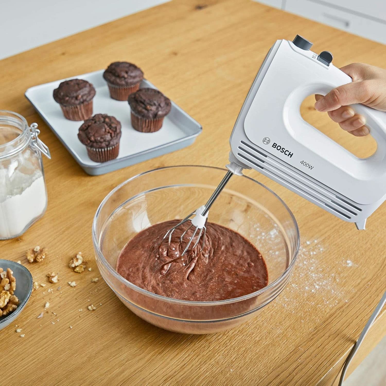 Bosch Hausgeräte Handrührer Clevermixx MFQ24200, 2 Rührbesen, 2 Spülmaschinengeeignet, 4 Stufen, Leicht, Leise, 400 W Blanc/Edelstahl Cuisine Naty Shop