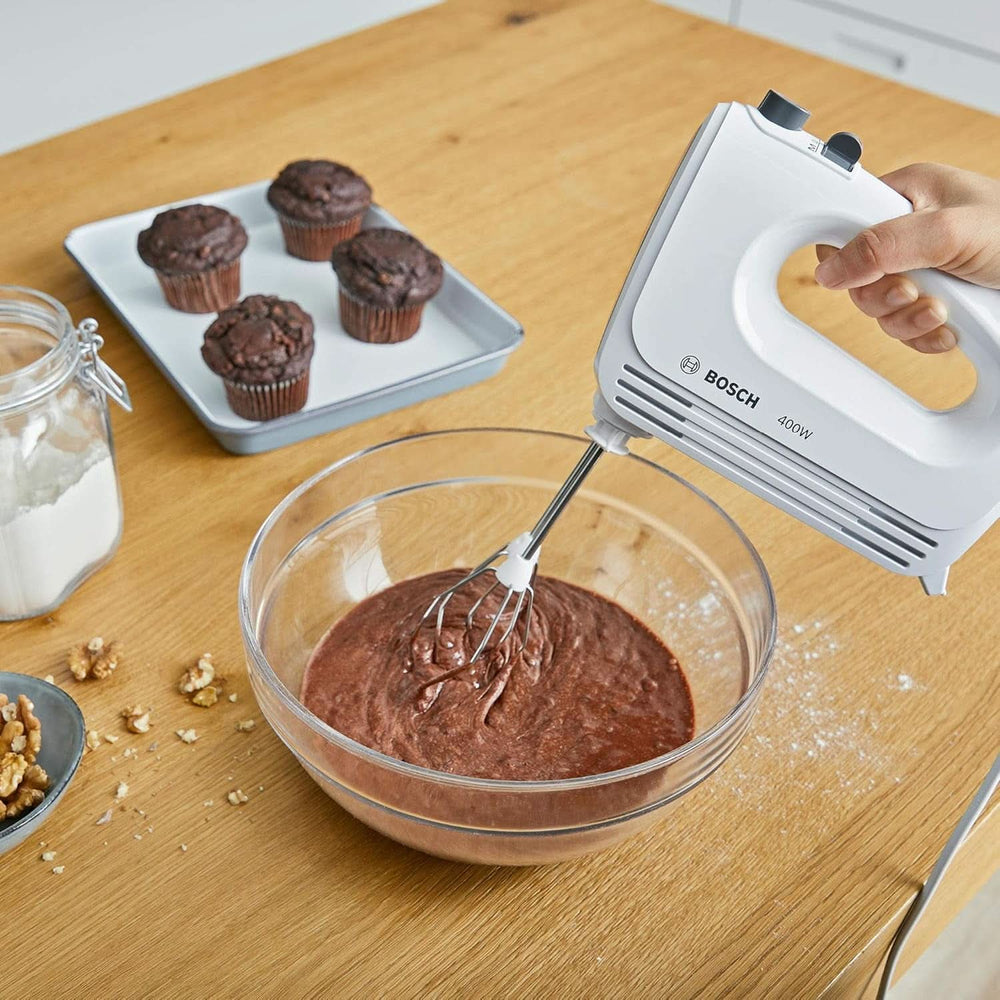 Bosch Hausgeräte Handrührer Clevermixx MFQ24200, 2 Rührbesen, 2 Spülmaschinengeeignet, 4 Stufen, Leicht, Leise, 400 W Blanc/Edelstahl Cuisine Naty Shop