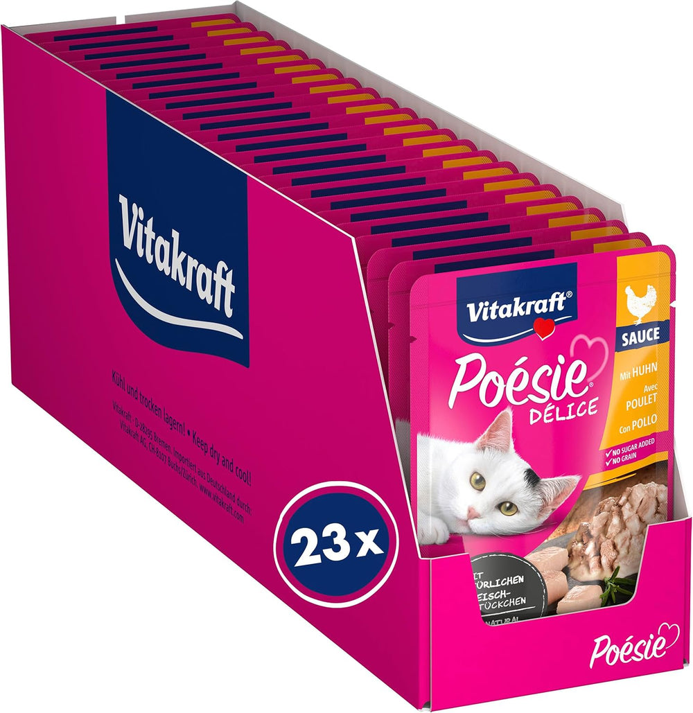 Vitakraft Poésie Délice, Nassfutter Katze, Katzennassfutter en sauce, avec poulet, Vorratspackung, ohne Zusatz von Zucker und Getreide (23x 85g)
