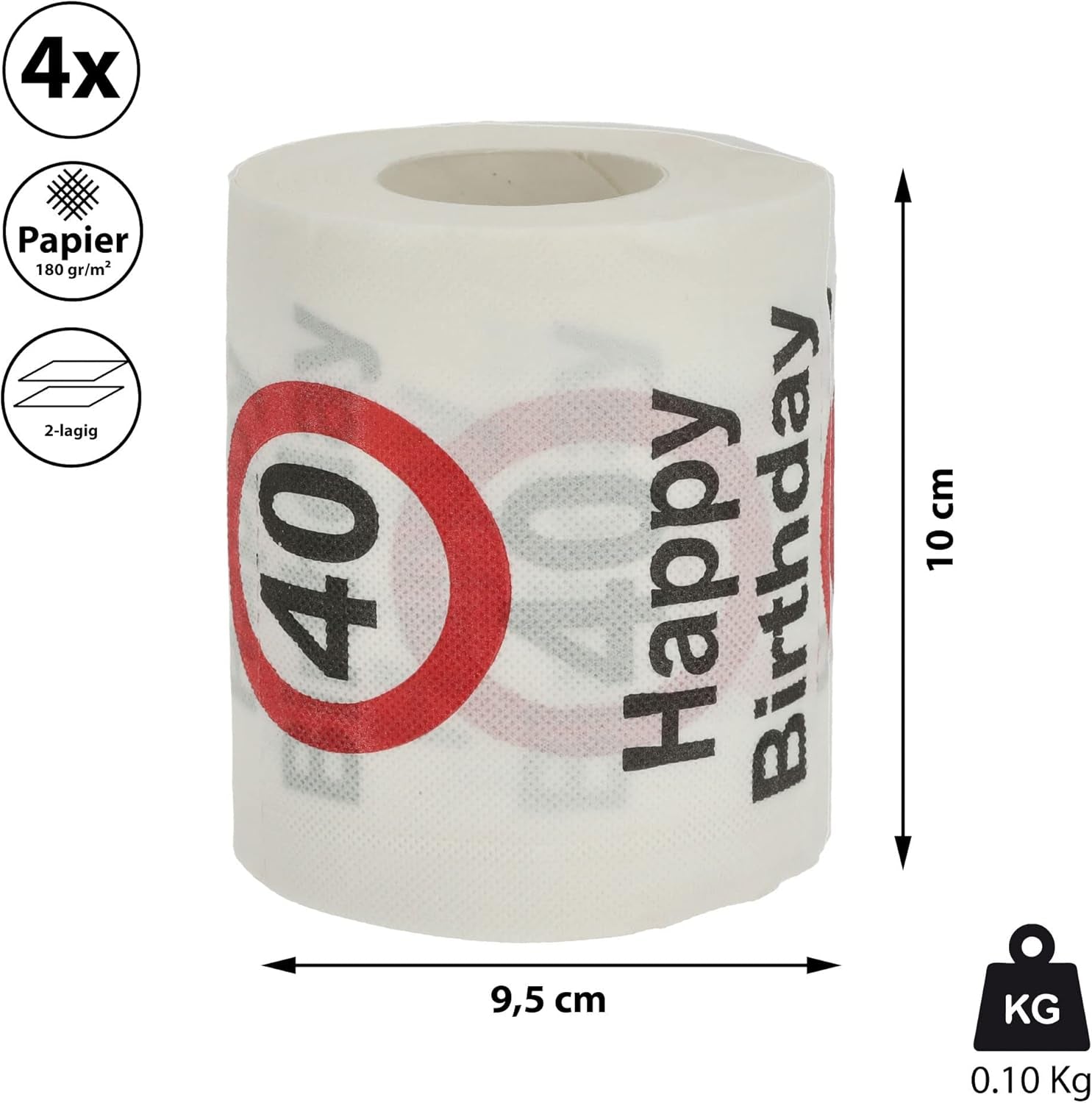 Lot de 4 papiers toilette "Joyeux 40ème anniversaire" │40ème anniversaire 24 mètres 2 tissus 180Gr/Qm │ Papier toilette papier toilette motif (4 X papier toilette 40)