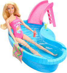 Poupée Barbie et accessoires - piscine avec toboggan et accessoires pour des heures de plaisir au soleil, maillot de bain rose au design tropical, pour enfants à partir de 3 ans, HRJ74 Naty Shop Dollhouses
