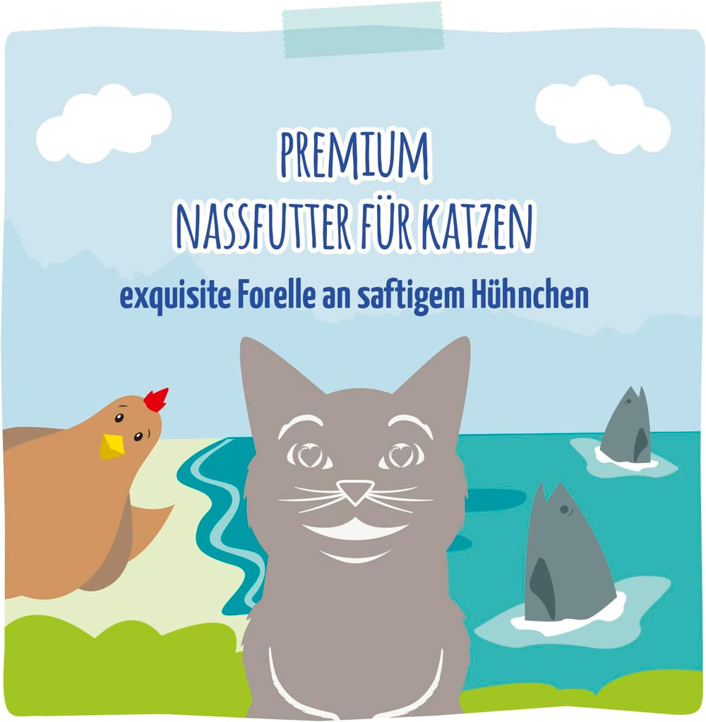 MjAMjAM - Hrană umedă premium pentru pisici - păstrăv rafinat cu pui suculent, pachet de 6 (6 x 400g), fără cereale