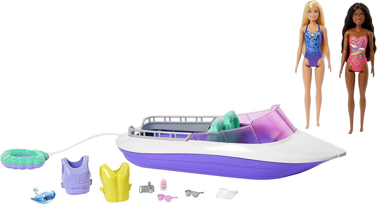 Barbie HHG60 - Barcă cu motor Sirenă cu 2 păpuși (blondă/brunetă) și diverse accesorii, jucărie pentru copii cu vârsta de 3 ani și peste