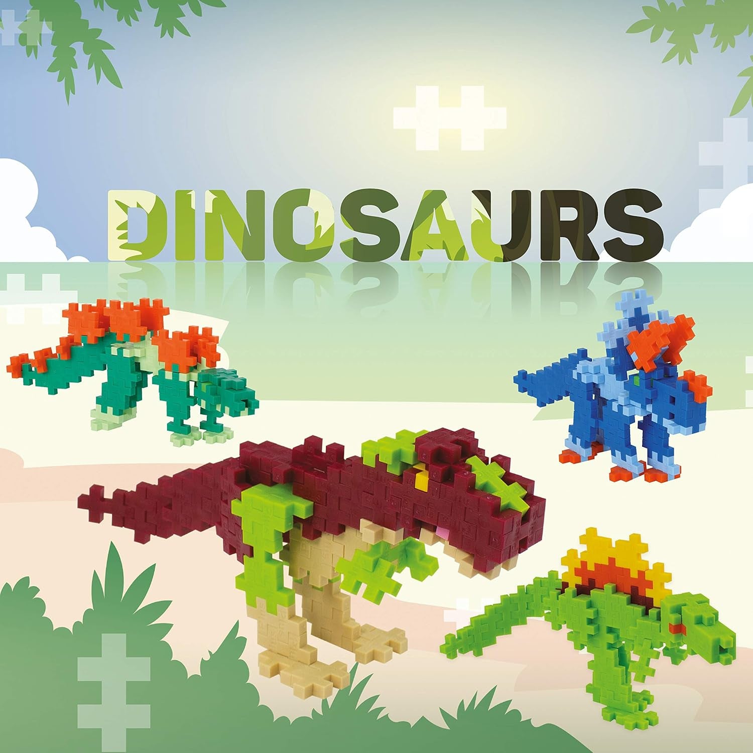 Plus-Plus 7266 Geniales Konstruktionsspielzeug, Dinosaurier-Mix, Bundle aus 4 verschiedenen Kreativ-Bausteine Tubes inkl. Bauplatte, 400 Teile, Mischfarben
