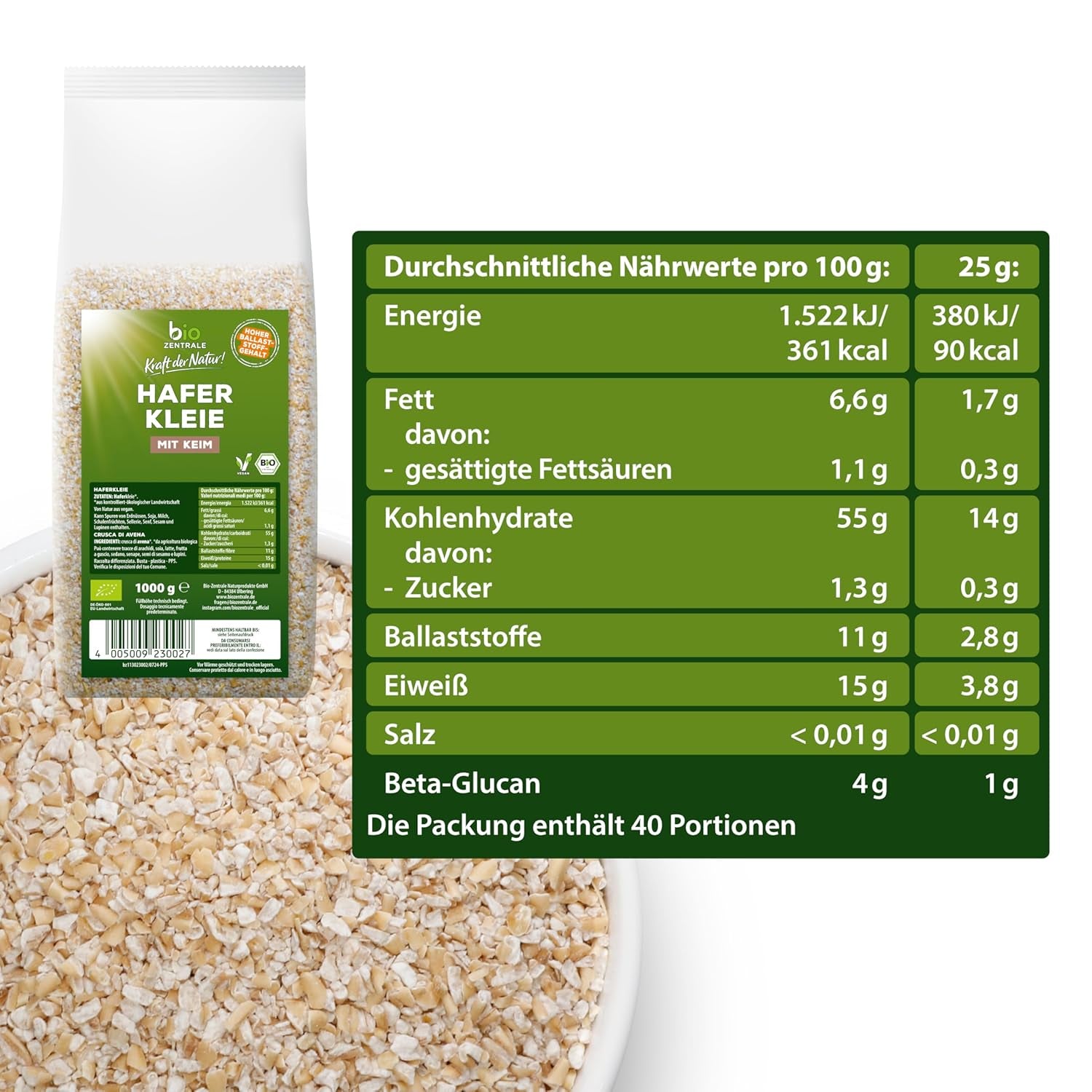Biozentrale Bio Haferkleie 1Kg | Vorteilspack | Ballaststoffreiche Proteinquelle | Von Natur Aus Vegan | Aus EU Landwirtschaft | Zuckerarm Cereale Naty Shop