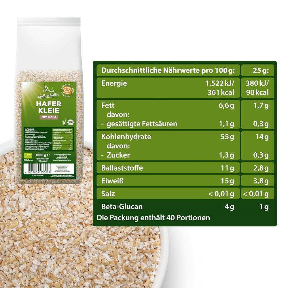 Tărâțe de ovăz organice biozentrale 1 kg | Pachet avantajos | Sursă de proteine bogată în fibre | Natural vegan | Din agricultura UE | Conținut scăzut de zahăr