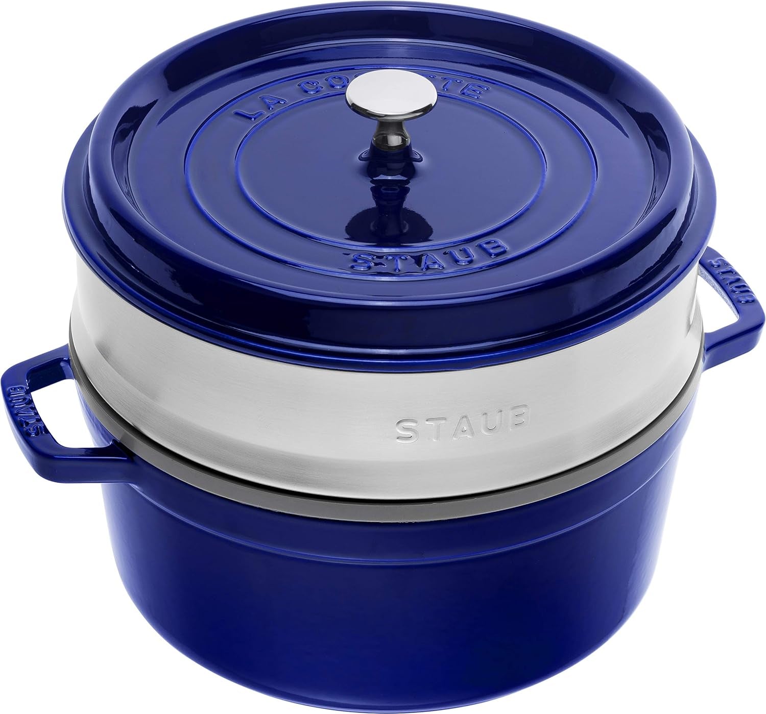 STAUB Gusseisen Bräter/Cocotte, Mit Dämpfeinsatz Aus Edelstahl, Rund 26 Cm, 5.2 L, Aromaregen Funktion Für Optimale Befeuchtung, Für Alle Herdarten Inkl. Induktion & Backofen, Kirschrot, Rot Moules et plaques à pâtisserie Naty Shop Dunkelblau