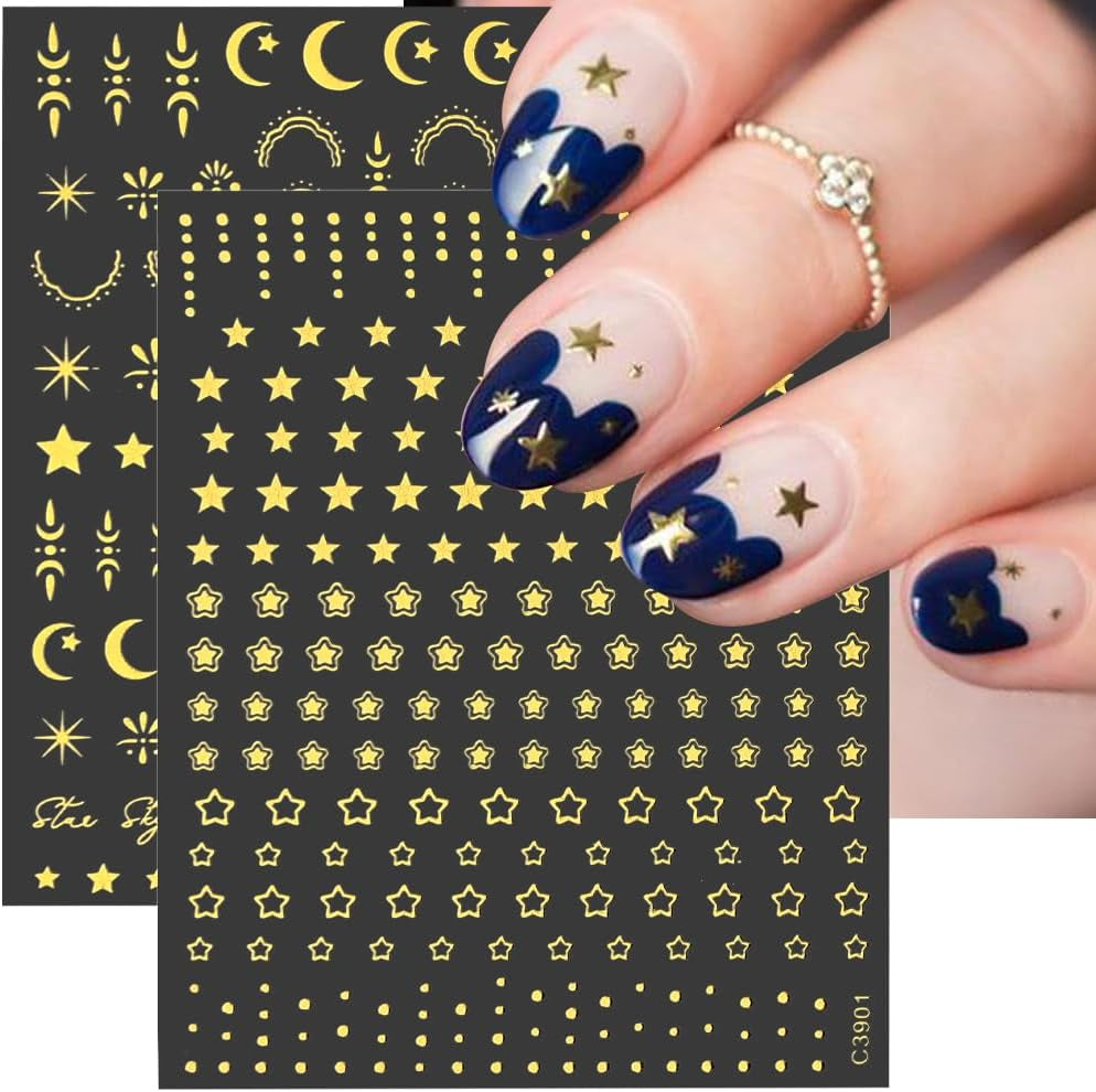 feuilles d’autocollants d’ongles étoile et lune dorées, ailes d’ange, autocollants d’ongles en or beige, étoiles, feuille d’ongles, autocollants d’ongles, accessoires de conception d’ongles, autocollants d’ongles