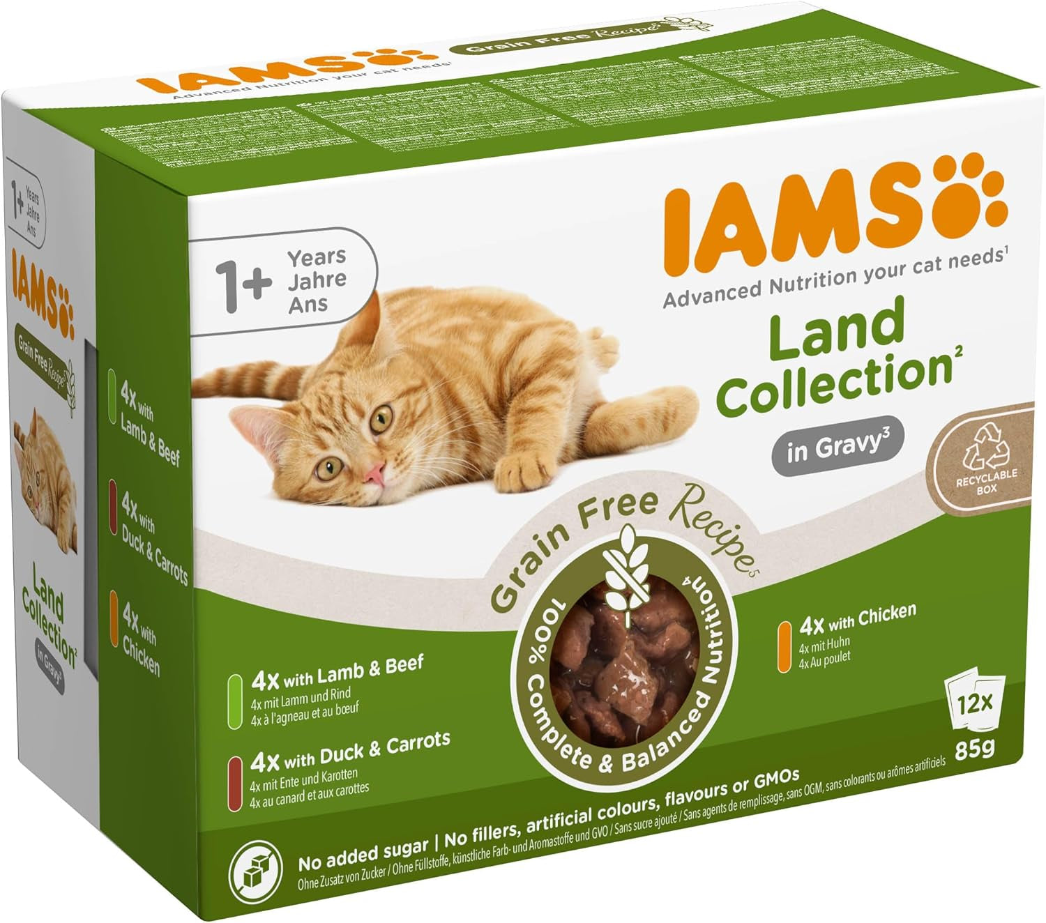IAMS Delights Land Collection Nourriture humide pour chats sans céréales – Pack varié de viande Multi Pack Nourriture humide sans céréales pour chats de 1 an et plus 12 x 85 g