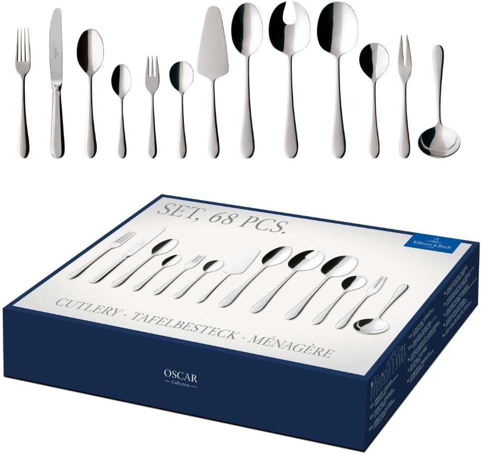 Villeroy & Boch – Oscar Tafelbesteck 24 Teilig 6 Personen, Spülmaschinenfest, Rostfrei, Besteck Set, Essbesteck, Messer Gabel Löffel Set, Set de couverts, Besteckset Edelstahl, Edelstahl Kitchen Naty Shop Single 68Tlg.