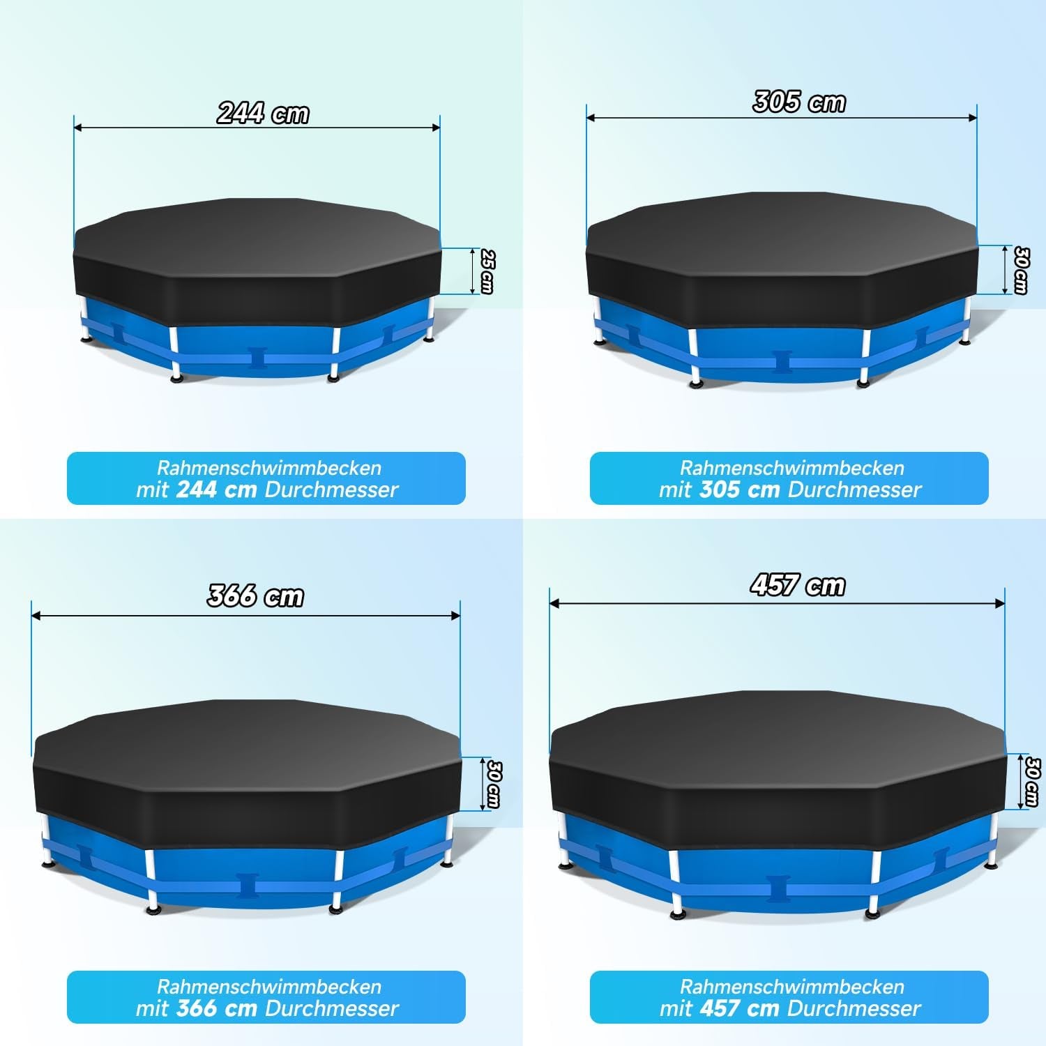 Prelată rotundă pentru piscină Sekey 305 cm – Potrivită pentru piscine rotunde cu cadru din oțel | Catarame reglabile și închidere cu velcro | Rezistentă la vânt și praf | Prelată de înaltă densitate rezistentă la rupere | Neagră