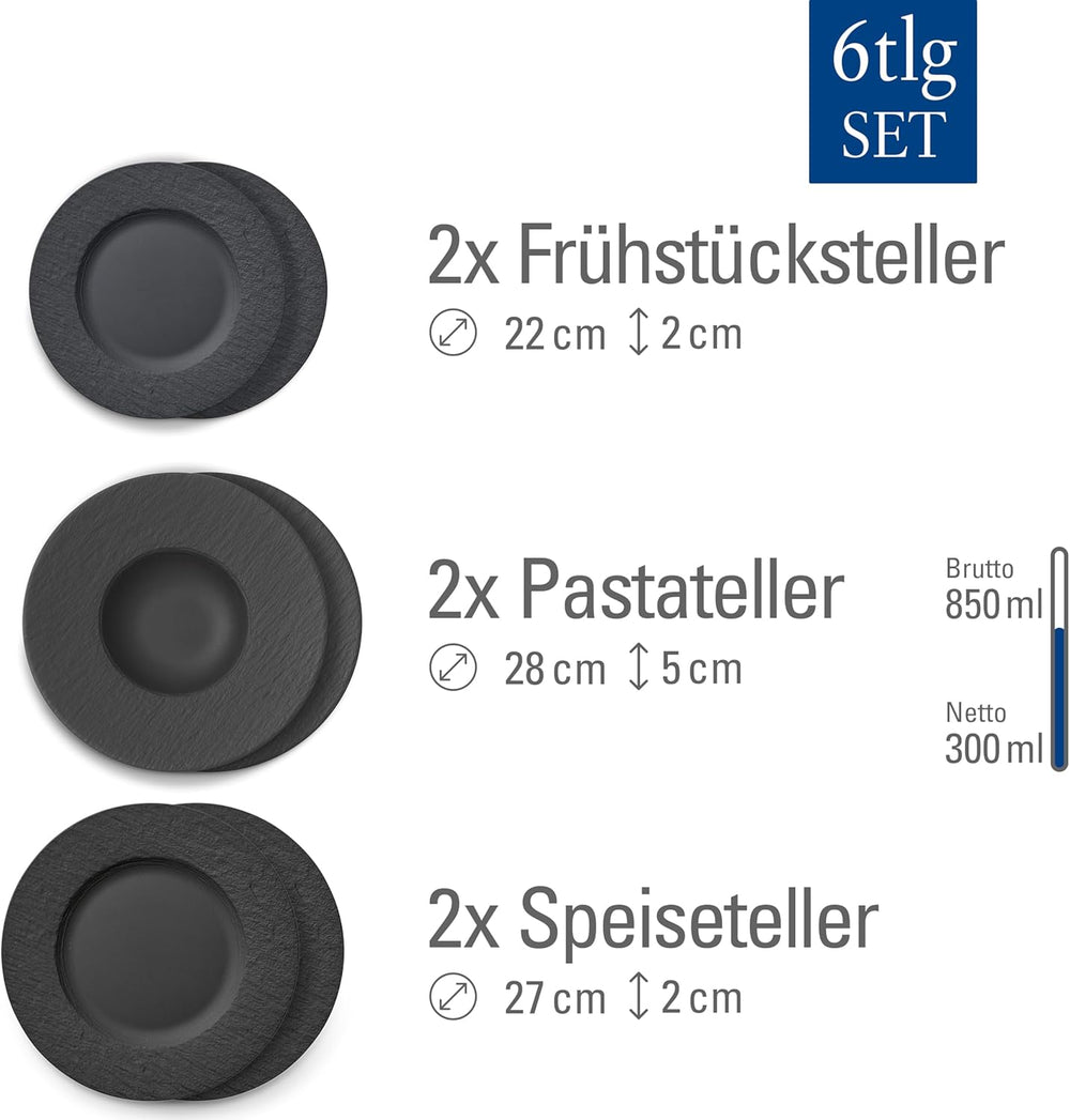Villeroy & Boch - Manufacture Rock Service de Vaisselle, 6 Pièces, Service de Vaisselle pour 2 Personnes, Porcelaine Premium, Noir