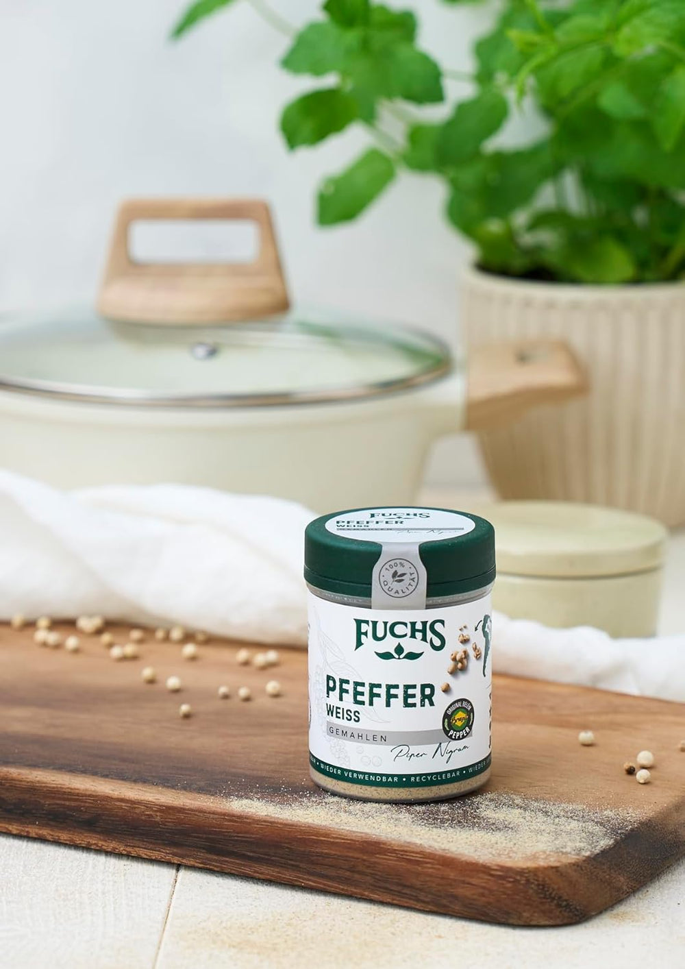 Fuchs Gewürze - Pfeffer weiß gemahlen - Pfeffer aus dem Amazonasgebiet, für helle Saucen, Fisch oder Suppen - Ingrédients naturels - 60 g en dose variable, recyclable