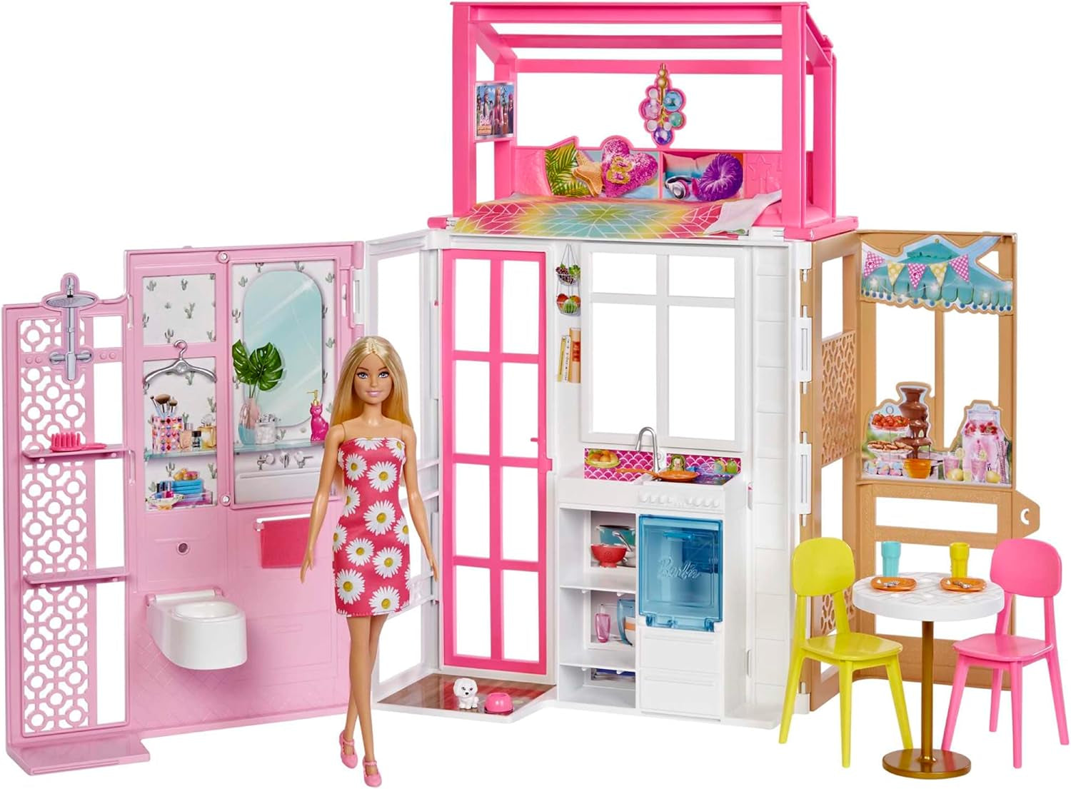 Casă de păpuși Barbie (70.6 X 51.4 Cm) cu 4 zone de joacă, accesorii și mobilier complet mobilate, rotativă 360°, pliabilă, păpușă, cadou pentru copii de la 3 ani, HHY40 Casute de papusi Naty Shop Casa păpușii Barbie