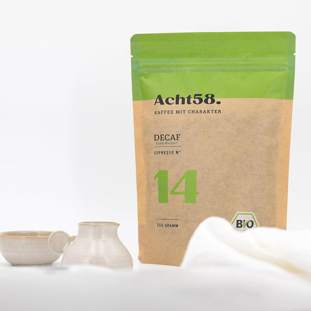 Expresso | Café n° 14 biologique du Pérou décaféiné (250 g) par ACHT58 - Arabica péruvien pur d'origine unique - Procédé à l'eau suisse - Sirop d'érable, pralines et chocolat au lait