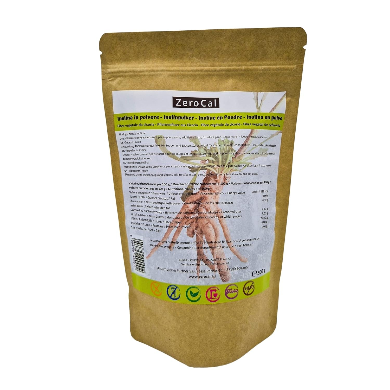 Zerocal - Poudre d'inuline de Chicorée-Wurzel 500 G | Inulin Mit Hohem Ballaststoffgehalt |100% Vegan Und Glutenfrei |Herkunft Deutschland Édulcorants Naty Shop Default Title