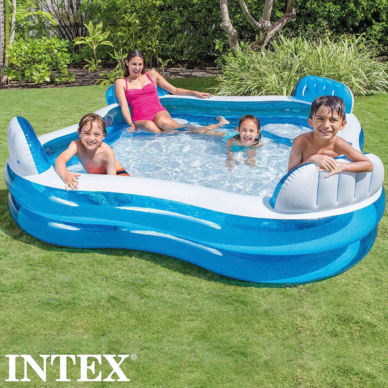 56475NP - Centru de înot gonflabil pentru familie, albastru transparent/alb, 229 x 229 x 66 cm și pompă electrică de curent alternativ cu umplere rapidă de 230 volți, 66644, negru