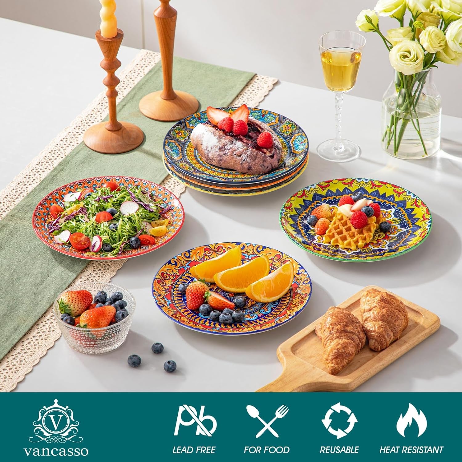 Lot de 6 assiettes à dessert, Vancasso KRVI pour 6 personnes, Ø 22 cm, passent au lave-vaisselle et au micro-ondes, assiettes à pâtes, assiettes à petit-déjeuner, assiettes à gâteaux