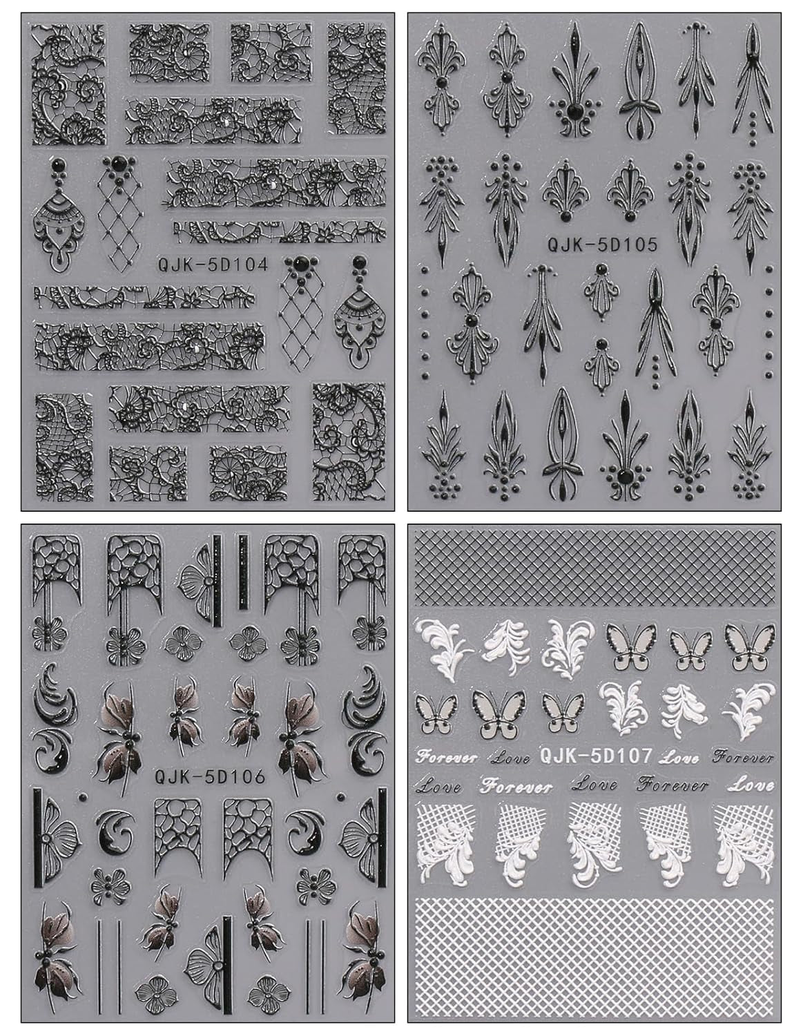 JMEOWIO Autocollants pour ongles 3D Noir Blanc Fleurs Nail Art Autocollants Autocollants pour ongles 5D Stéréoscopiques Fleurs Décoration Nageldesign Zubehör 4 Blatt