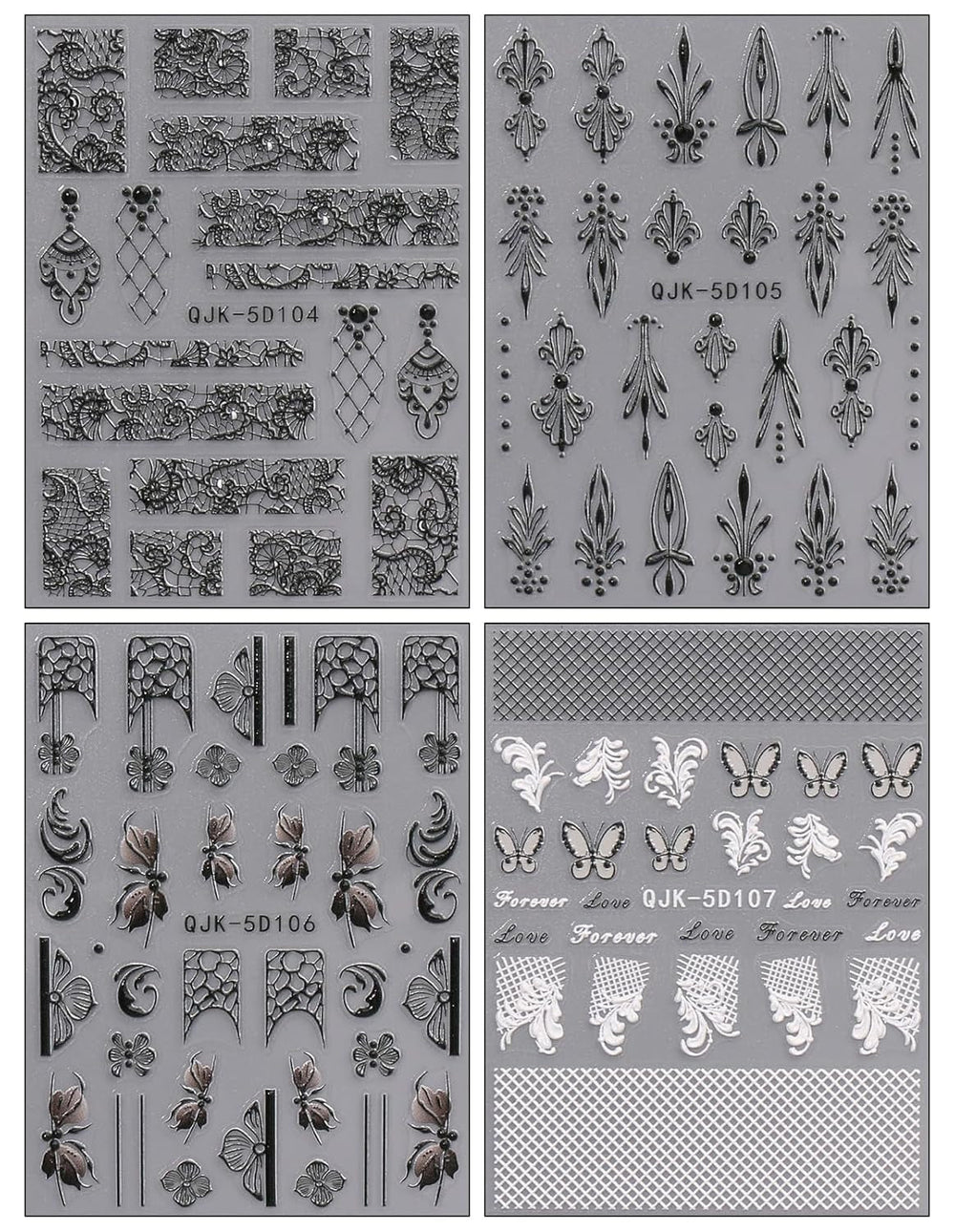 JMEOWIO Autocollants pour ongles 3D Noir Blanc Fleurs Nail Art Autocollants Autocollants pour ongles 5D Stéréoscopiques Fleurs Décoration Nageldesign Zubehör 4 Blatt