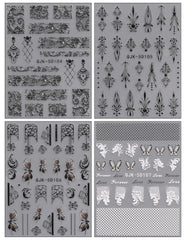 JMEOWIO Autocollants pour ongles 3D Noir Blanc Fleurs Nail Art Autocollants Autocollants pour ongles 5D Stéréoscopiques Fleurs Décoration Nageldesign Zubehör 4 Blatt