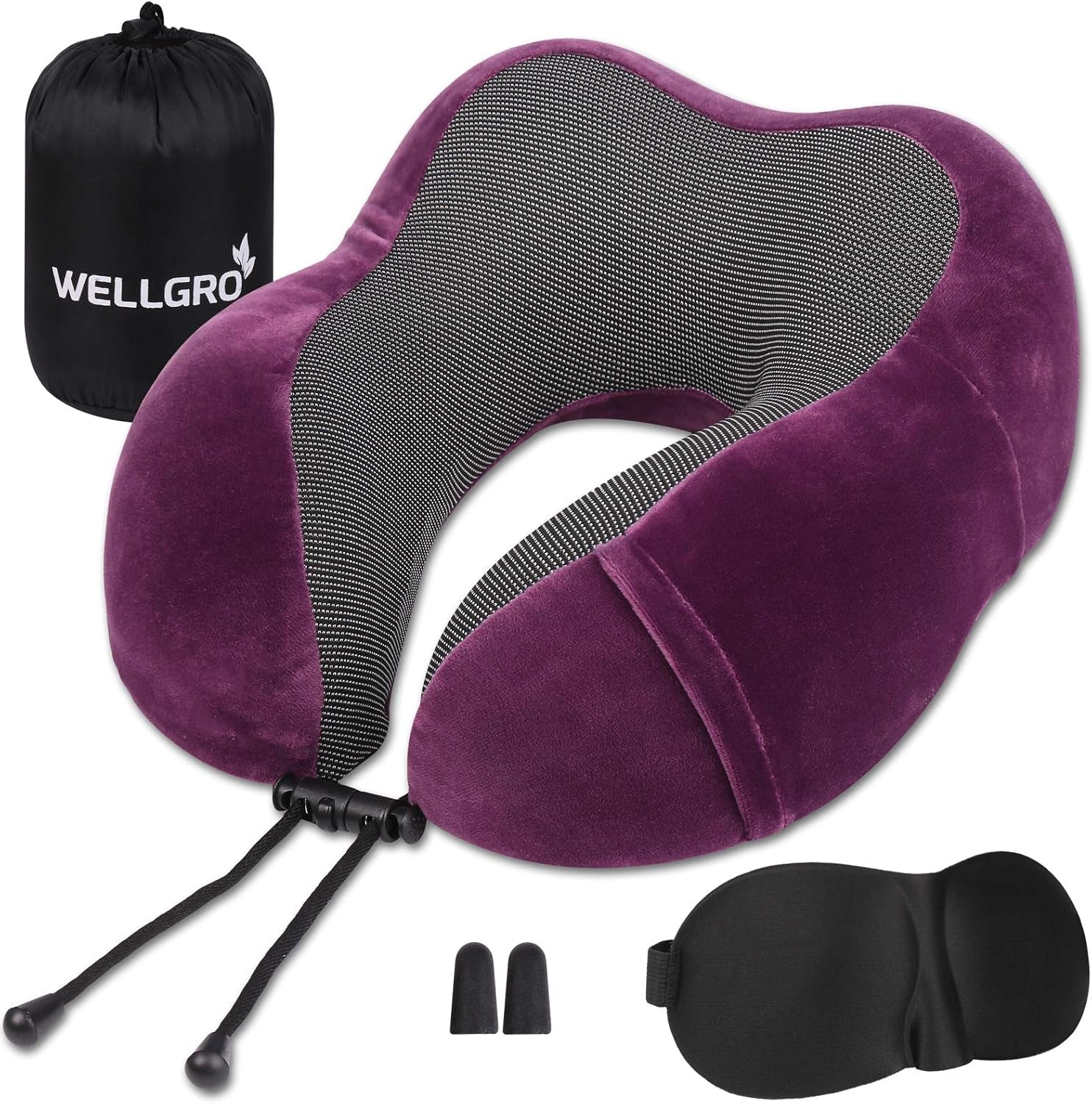 WELLGRO Ensemble d'oreillers cervicaux avec masque de sommeil 3D et bouchons d'oreilles - Housse amovible - Mousse à mémoire de forme - Fermeture à glissière - Sac de rangement inclus - Oreiller de voyage - Couleur au choix, Couleur: Gris Naty Shop Fuchsia Oreillers cervicaux orthopédiques