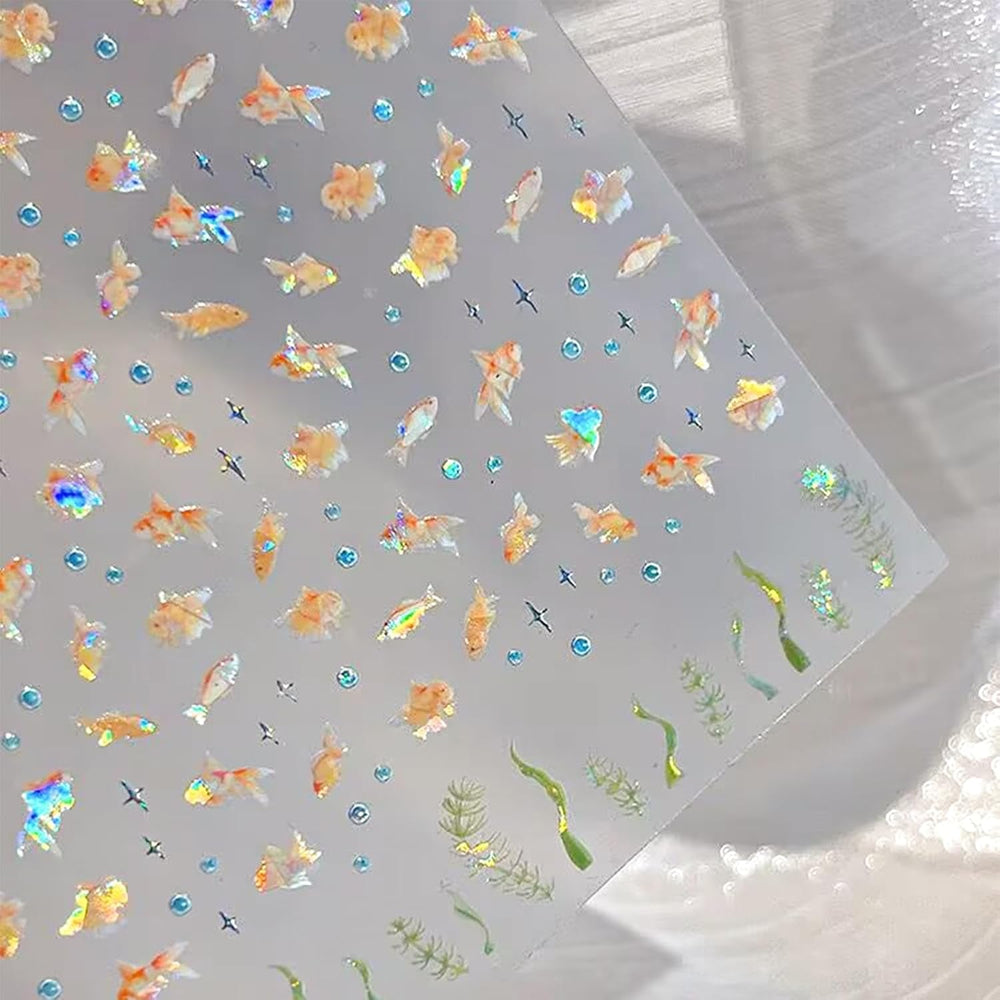 2 Stück Selfklebende Nagelsticker Mit Muscheleffekt, Vierstrahlstern et Goldfisch Design, Nagelaufkleber Für Fingernägel, Nail Art Zubehör Für Gelnägel