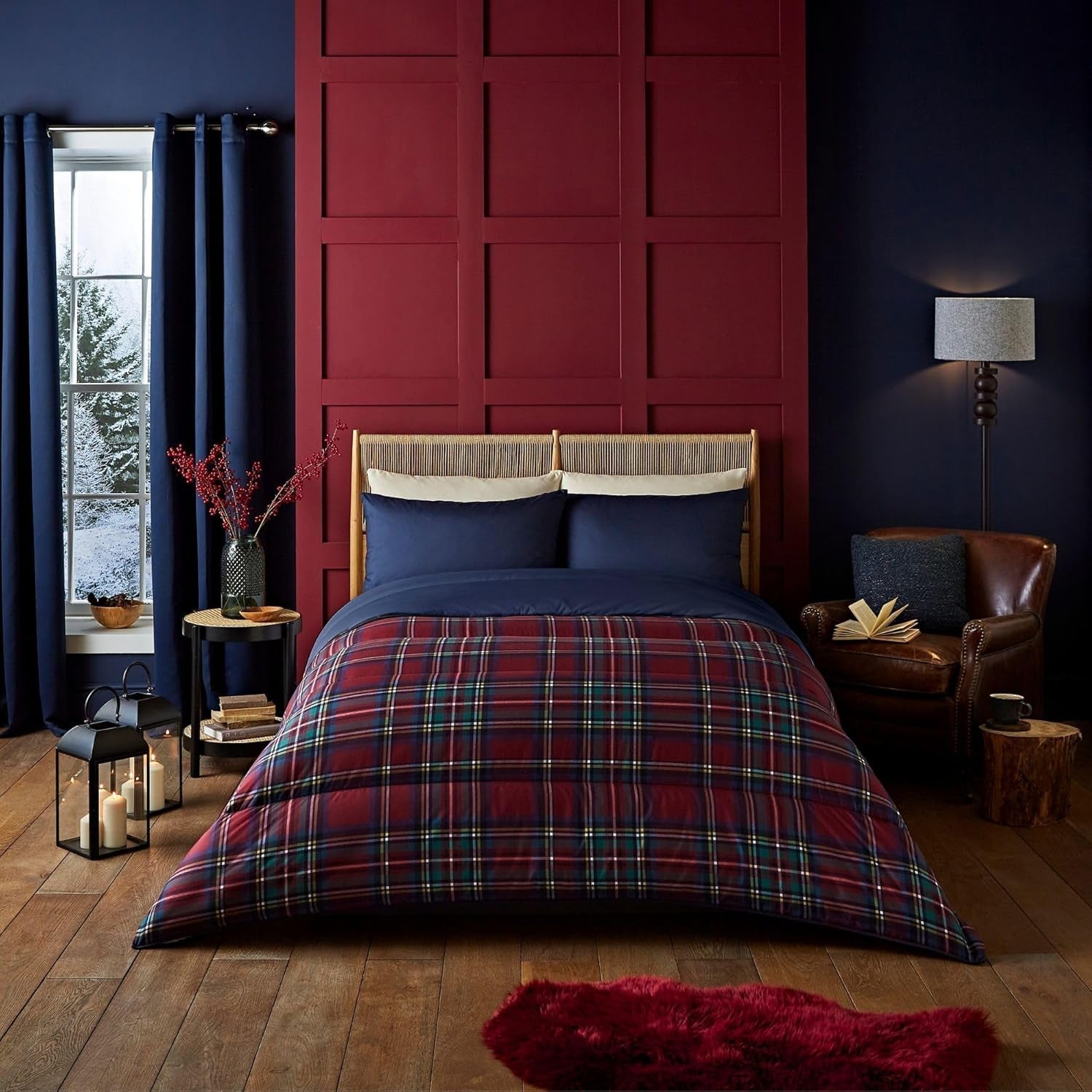 Naty Shop Parure de lit simple avec couette et taie d'oreiller Night Lark 10,5 Tog - Parure de lit de luxe en tartan rouge classique - Hypoallergénique - Lavable en machine