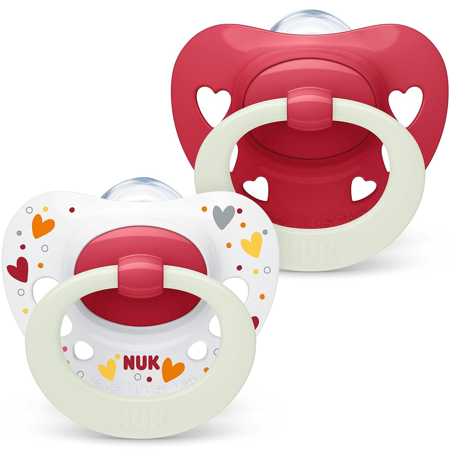 Sucettes NUK Signature pour bébés | 0-6 mois | Calme 95 % des bébés | Sucettes en silicone en forme de cœur sans BPA | Avec couvercle | Coeurs roses | Paquet de 2