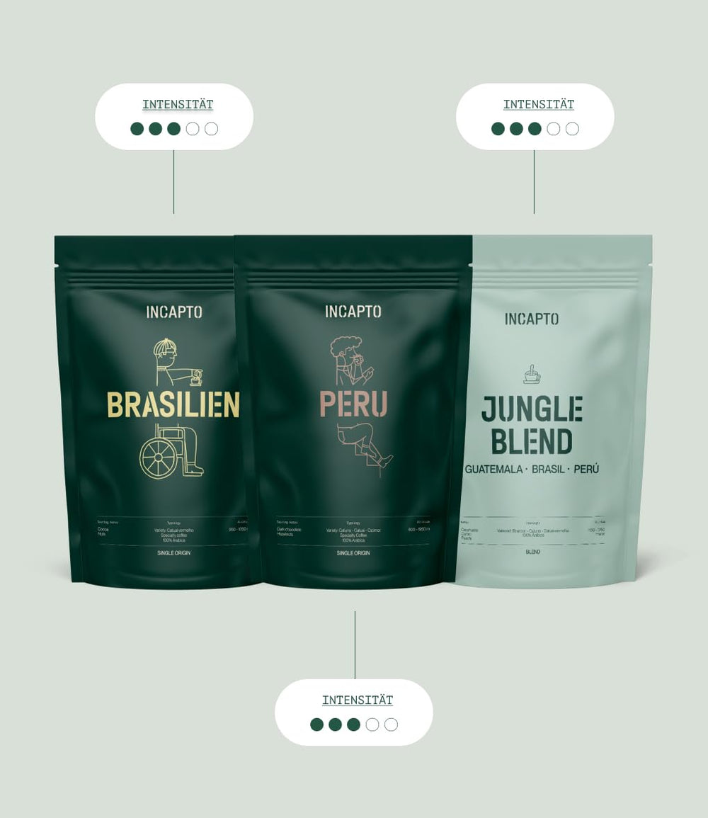 Forfait Spécial Café Incapto au Lait | Grains de café spéciaux, naturels | Cafés du Brésil, du Pérou et du Guatemala | Café Spécial +80 Points SCA | 3 paquets de 500 g chacun