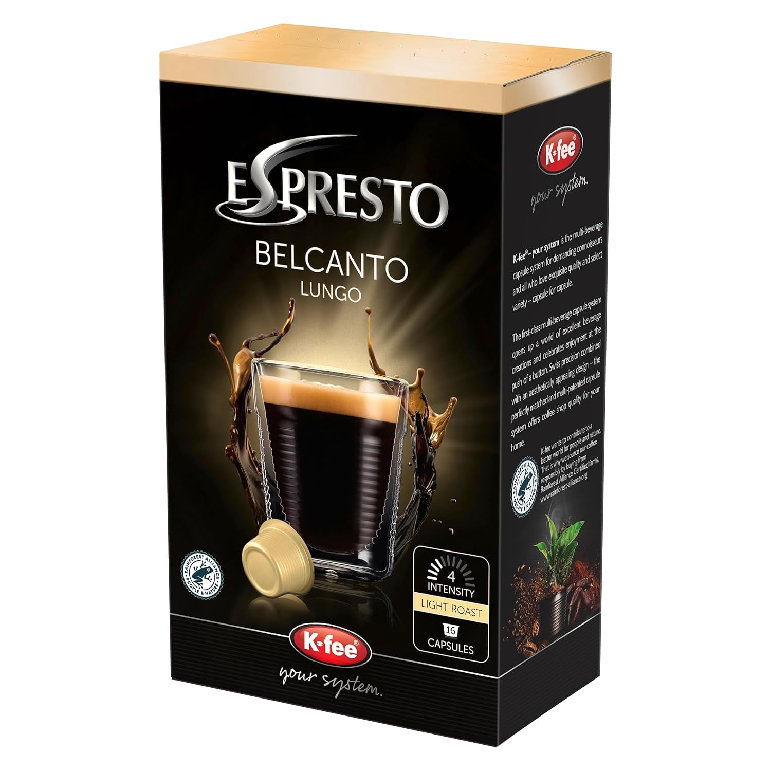 Kaffeekapseln Belcanto – Lungo Intensität 4/12, kompatibel mit K-fee, RFA zertifiziert, 96 Kapseln (Packung mit 2)