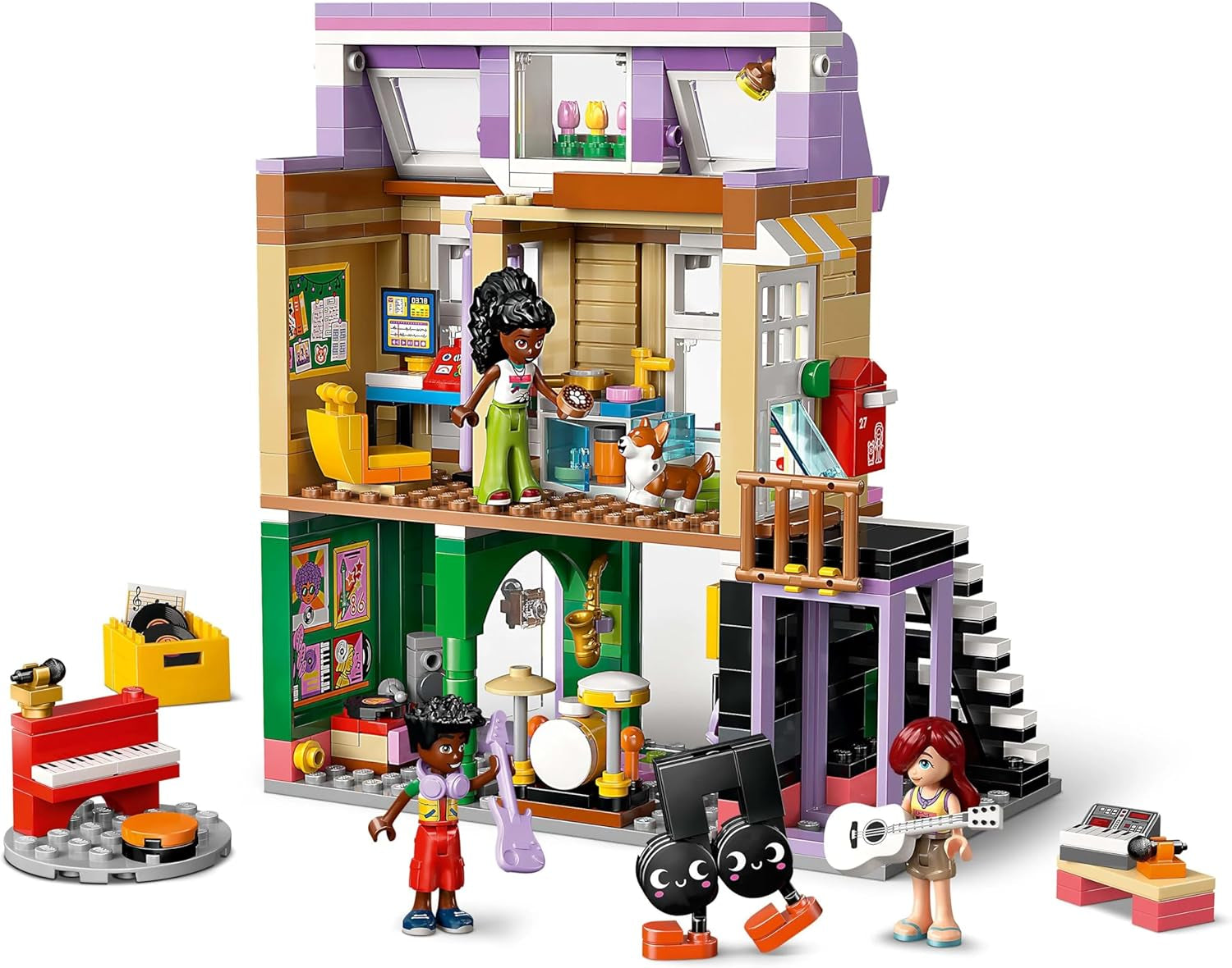 LEGO Friends Musikladen & Wohnung - Spielzeug mit 3 Mini-Puppen, Einer Corgi Tierfigur und Musikinstrumenten wie Klavier, Schlagzeug, Gitarren & Zubehör - Geschenk für Mädchen ab 7 Jahren - 42653