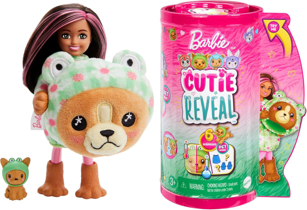 BARBIE Cutie Reveal Doll - păpușă Chelsea cu 6 surprize și distracție cu schimbarea culorilor, iepuraș în costum de pluș Koala, jachetă din fleece cu model la modă, pentru copii de la 3 ani, HRK31 Papusi Naty Shop Câine/broască