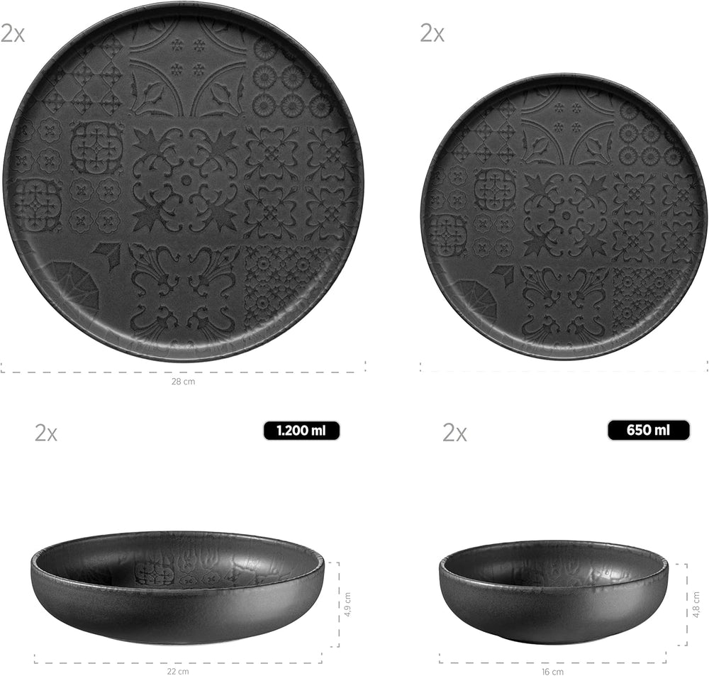 MÄSER 934064 Service de table moderne vintage pour 2 personnes, design mauresque avec vernis mat, service de table 8 pièces, assiettes et bols en céramique de haute qualité, grès, noir
