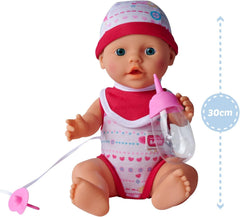 Simba 105037800 - New Born Babyset, 2-fach sortiert, es wird nur ein Artikel geliefert, Vollvinylpuppe mit Trink- und Nässfunktion, Schnuller, Flasche, Topf und Lätzchen, 30cm, ab 3 Jahren