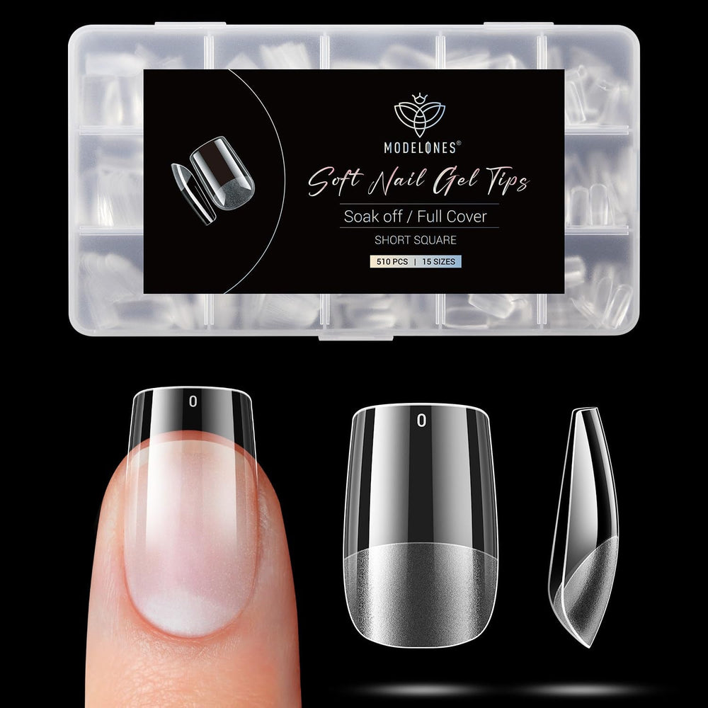 Modelones Nail Tips 510 pièces – Ensemble de pointes d'ongles à couverture complète, ensemble de pointes en gel, pointes d'ongles en résine PMMA pré-polonées, ongles artificiels à coller sur Nail Art DIY, Squoval court