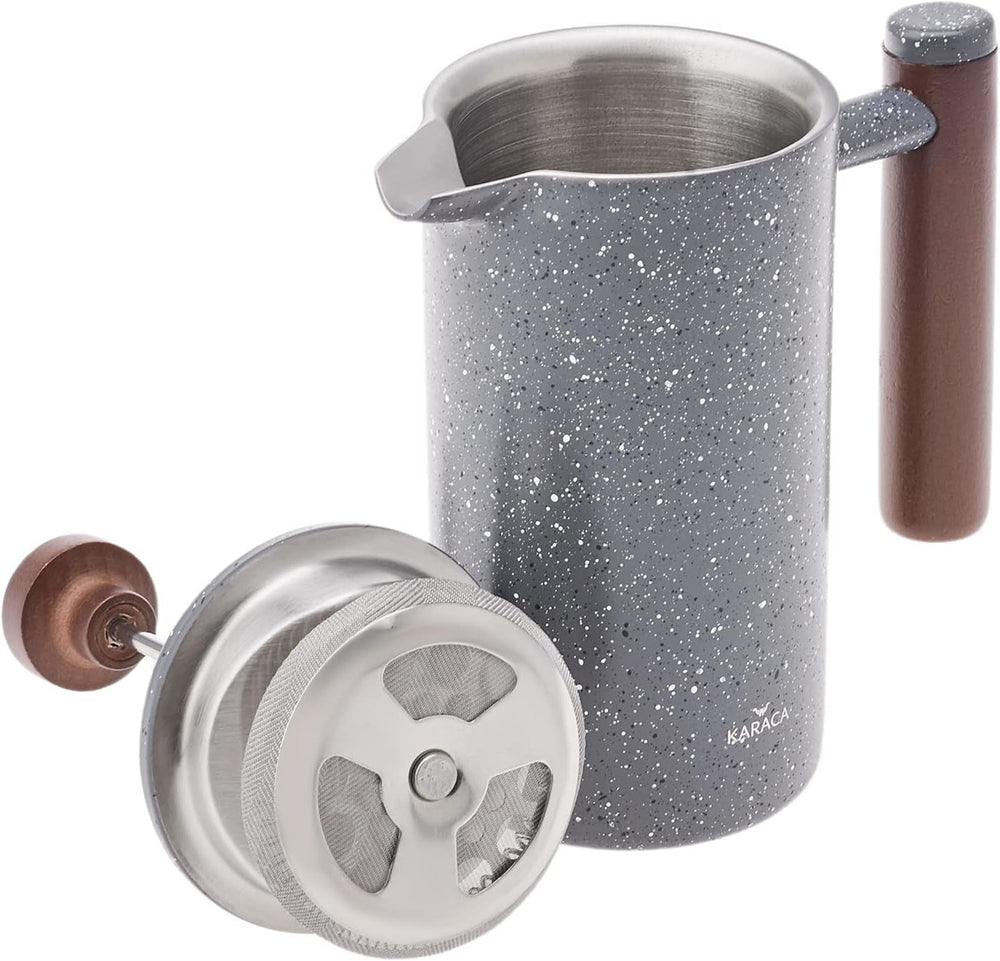 KARACA Presse française à double paroi en marbre avec poignée en châtaignier - Presse française isolée pour café - Cafetière de camping pour la maison, les voyages - 350 ml - Gris foncé