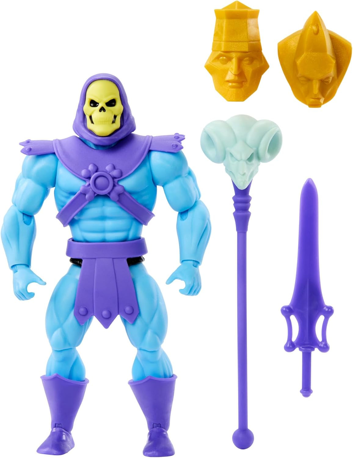 Jouet Masters of the Universe Origins, figurine Skeletor de la collection de dessins animés, méchant debout env. 14 cm avec armure, bâton, épée et 2 masques, figurines HYD24 Naty Shop Modern