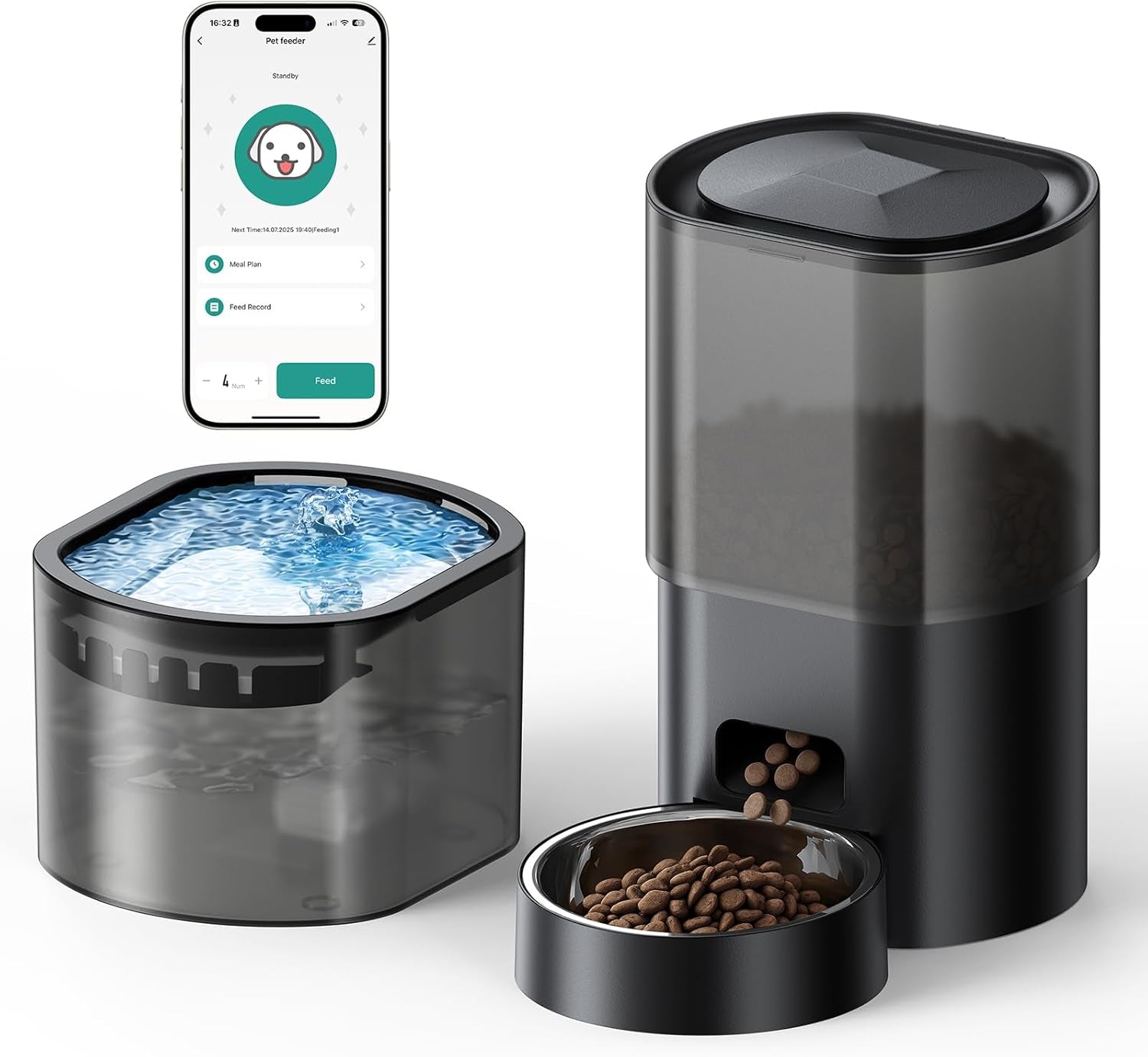 3L Automatischer Katzenfutterspender 2.5L Katzenbrunnen-Set, geräuscharmes App-steuertees Fernfütterungsgerät mit 10 Mahlzeiten per Tag, Anti-Verstopfungs-Design, idéal pour Katzen & Welpen