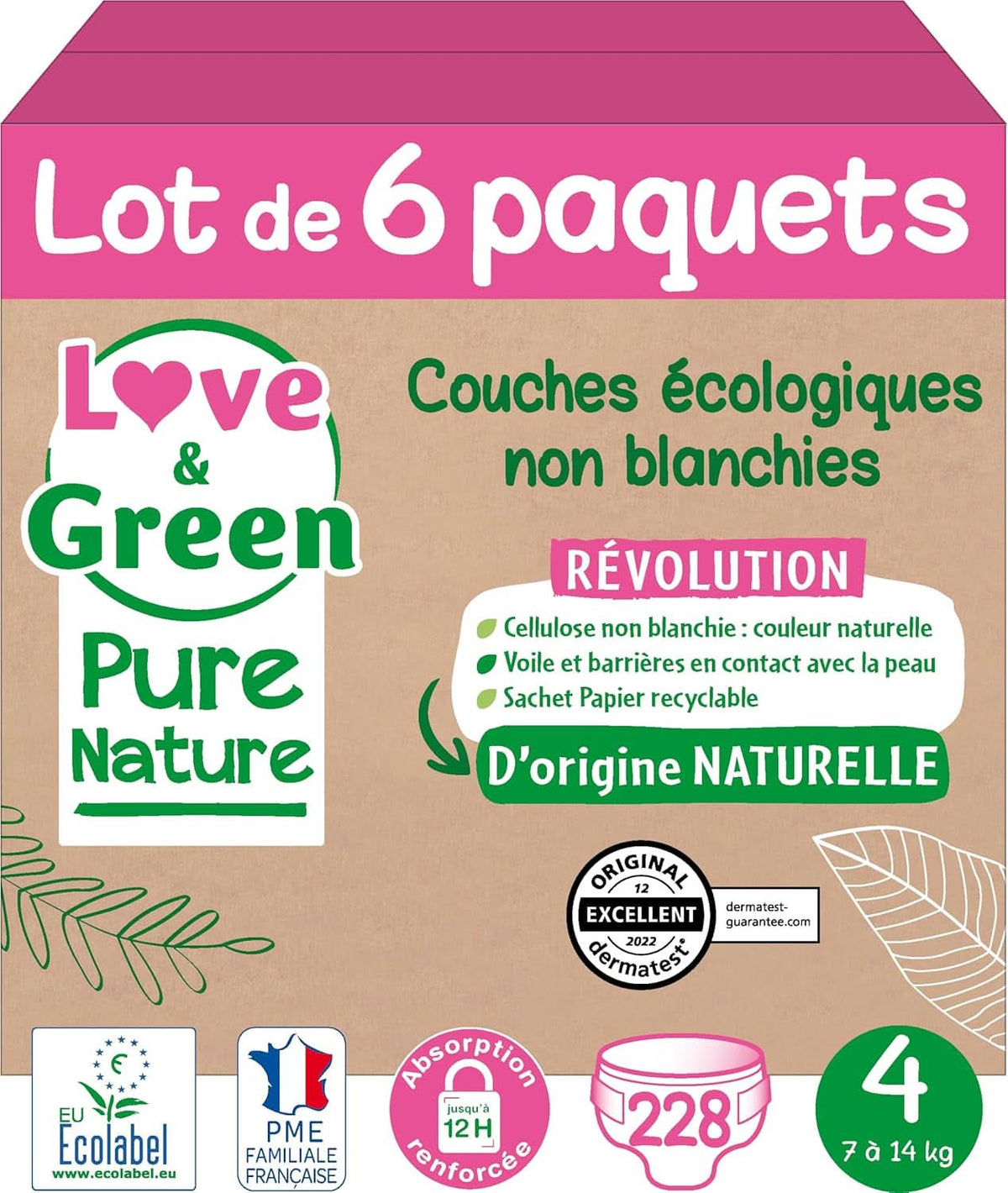 Love Green Nature, couches écologiques non blanchies, sans chlore, différentes tailles Mère et Enfant Naty Shop Taille 4, 7 - 14 kg Lot de 6 paquets, 228 couches au total